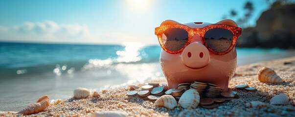 Piggy Bank Wearing Sunglasses on Beach with Stacked Coins and Seashells, Concept of Financial Growth and Summer Vacation Savings, Front View with Copy Space