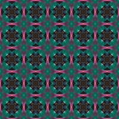 Brightly colored symmetrical seamless pattern created with the help of generative AI and suitable for wallpapers, textures, 3D maps and more