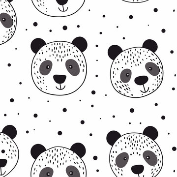Seamless Pattern of Panda Bear Faces in Black and White Ideal for Kids Clothing and Decor