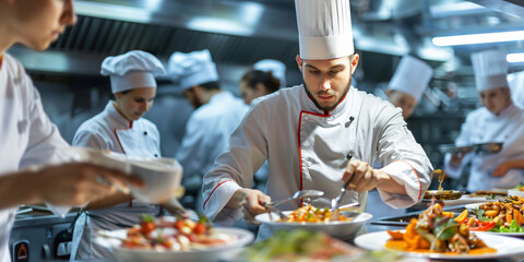 A group of chefs working in a busy kitchen, preparing food and plating dishes.. caucasian man
