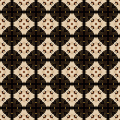 Brightly colored symmetrical seamless pattern created with the help of generative AI and suitable for wallpapers, textures, 3D maps and more