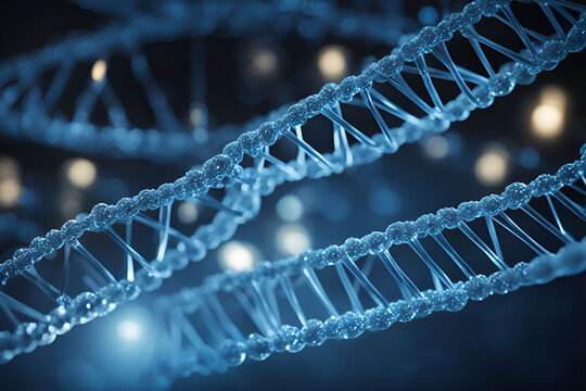 close-up DNA Double Helix in High-Tech Lab with Blue Strands with Data Streams
