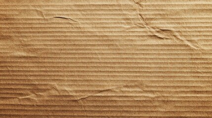 A close-up of wrinkled corrugated cardboard, exhibiting a textured surface with a brown hue. The cardboard's wavy lines and slight wrinkles add to its tactile quality.