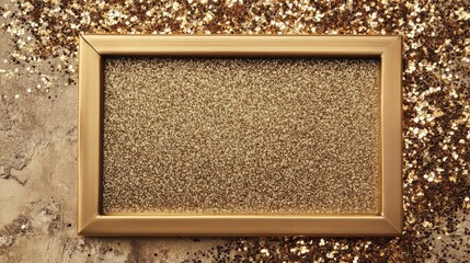 Fototapeta premium Gold (bronze) glitter empty frame on beige gray paper background
