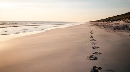 Pristine Beach Panorama: Vast Sand Expanse, Scattered Seashells, Clear Sky, Openness, Tranquility