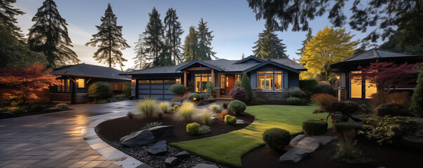 Obraz premium a cottage-style home with a detailed roof, wooden shutters, and a manicured front yard