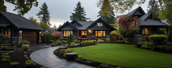 Obraz premium a cottage-style home with a detailed roof, wooden shutters, and a manicured front yard
