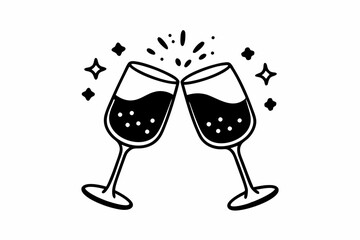 Clink glasses champagnes black vector icon. Two wine glass cheers vector icon. Celebrate party
