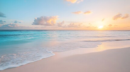 Serene Beachscape: Gentle Waves, Clear Blue Sky, and Soft White Sand Crafting a Tranquil, Spacious Seaside Atmosphere