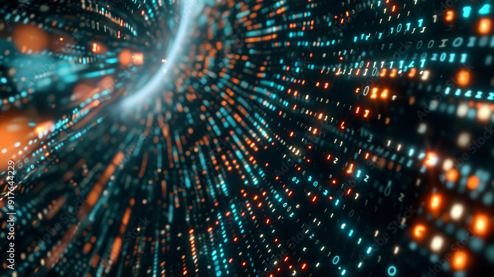 Poster technology wallpaper tech background with flowing streams of binary code and digital data