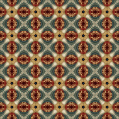 Brightly colored symmetrical seamless pattern created with the help of generative AI and suitable for wallpapers, textures, 3D maps and more