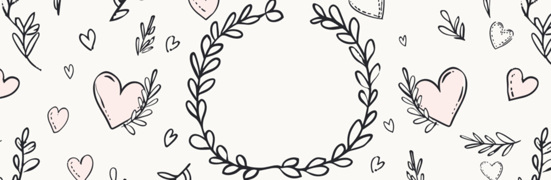 Hand-drawn seamless pattern of pink hearts leaves and branches on a white background Perfect for Valentine's Day wedding or love-themed designs