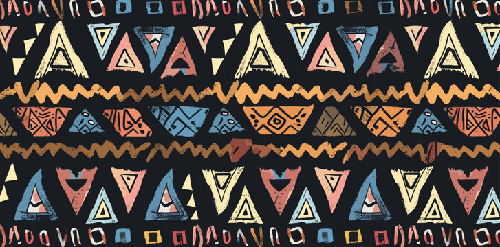 Hand-drawn ethnic seamless pattern with colorful geometric shapes like triangles and waves on a dark background