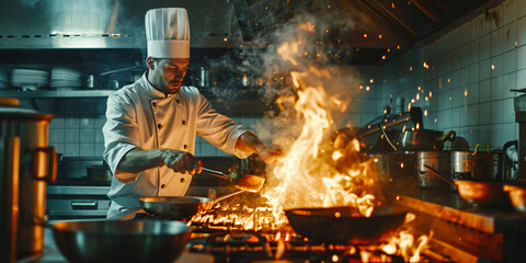 A professional chef skillfully cooks with a fiery passion in a busy restaurant kitchen.. caucasian man
