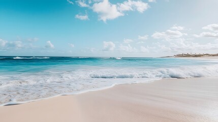Serene Beachscape: Gentle Waves, Clear Blue Sky, and Soft White Sand Crafting a Tranquil, Spacious Seaside Atmosphere