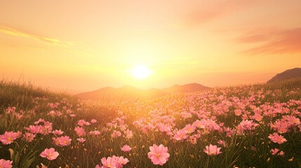 Fototapeta premium A peaceful sunset over a meadow filled with blooming pink flowers, the golden light of the sun casting a soft glow over the scene, creating a tranquil and beautiful nature background, with the sky