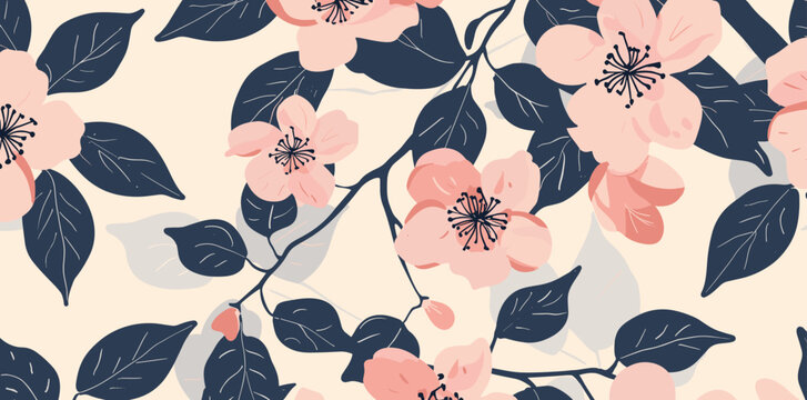 A seamless pattern of pink flowers and dark blue leaves on a light cream background The flowers are simple in style and the leaves have a detailed vein pattern The pattern is perfect for use in textil