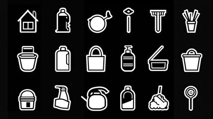 White Cleaning and House Supply Icons on Black Background