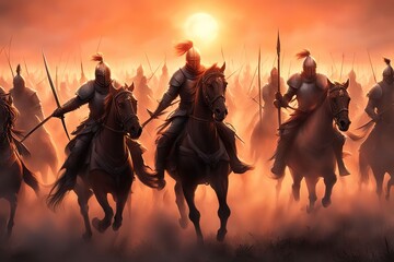 Medieval Warriors at Sunset, a group of men riding on the backs of horses