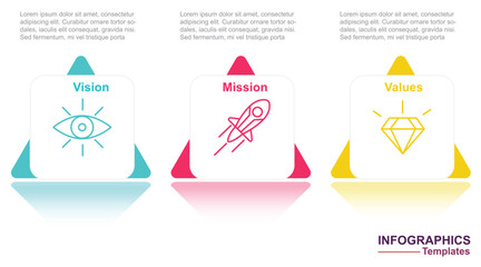 Infographics Life Purpose Mission, Vision, Values and three steps achievement illustration triangle