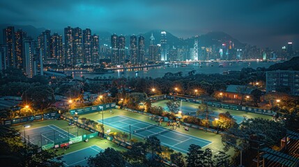 Obraz premium Night Tennis Court with City Skyline