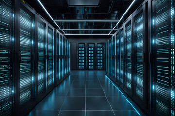 Naklejka premium Modern Tech Center With Server Racks and Complex Equipment and IoT Visualization