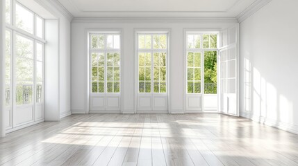 Fototapeta premium Interior of empty spacious living room with white walls and laminated floor