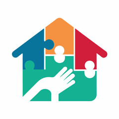 Puzzle House Logo Template Design. Hand puzzle logo design vector art Illustration.