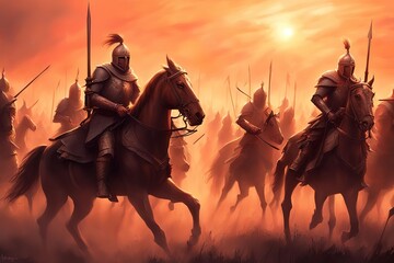 Medieval Warriors at Sunset, a group of men riding on the backs of horses