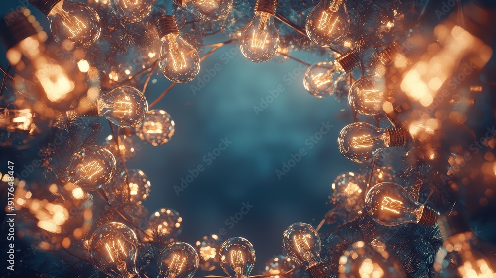Poster a captivating view of glowing light bulbs, creating a warm ambiance against a soft dark background. 