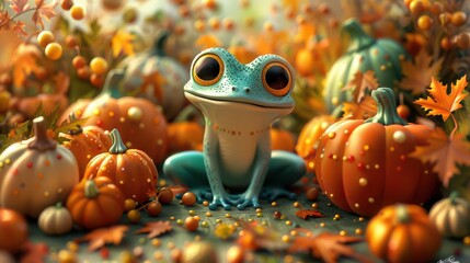 Blue frog with wide eyes sits among colorful pumpkins in a vibrant autumn scene, adorned with fall leaves and seasonal decorations