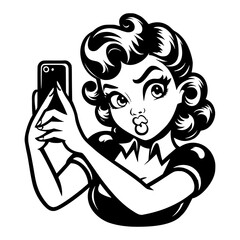 Fototapeta premium Black and white pop art illustration of a retro woman taking a selfie with a pouty expression, blending classic 1950s style with modern technology.