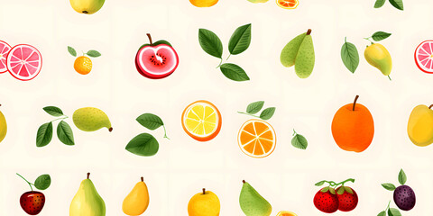 Obraz premium Seamless Watercolor Flat Lay Composition With Fresh Fruits With Leaves a Vibrant Pattern on a Yellow Background Print for Textile, Packaging, Banner, Decor, Wrap, Fashion, Accessories, Web, Social.