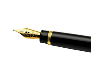Close-up of a luxurious fountain pen with a gold nib, representing elegant writing and timeless stationery charm. PNG, Transparent, No Background