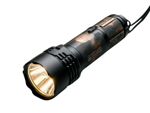 Close-up of a heavy-duty flashlight with a metallic body and bright light, perfect for outdoor adventures or emergency use. PNG, Transparent, No Background