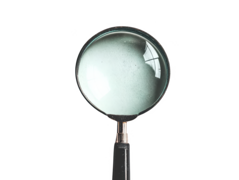 Close-up of a magnifying glass with black handle against white background. Perfect for concept image about enlargement, focus, or detective work. PNG, Transparent, No Background