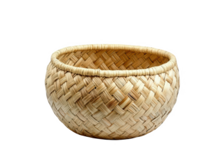 Handwoven round wicker basket on a white background, showcasing intricate craftsmanship and rustic charm. Ideal for storage and decor. PNG, Transparent, No Background