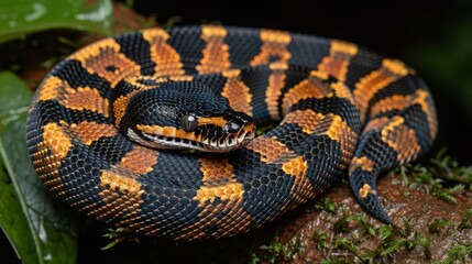Fototapeta premium Vibrant Black and Orange Banded Snake Coiled on Moss-Covered Branch in a Lush, Green Jungle Setting Under Low Light Conditions