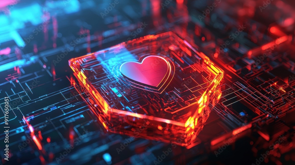 Poster a futuristic heart symbol embedded in a digital circuit on a glowing background, representing techno