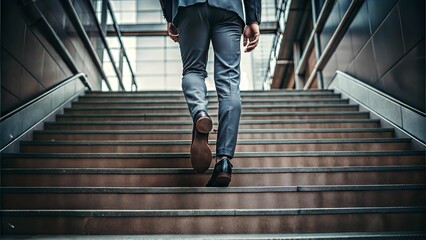 young businessman feet sprinting up stairs office claiming up cooperate ladder 