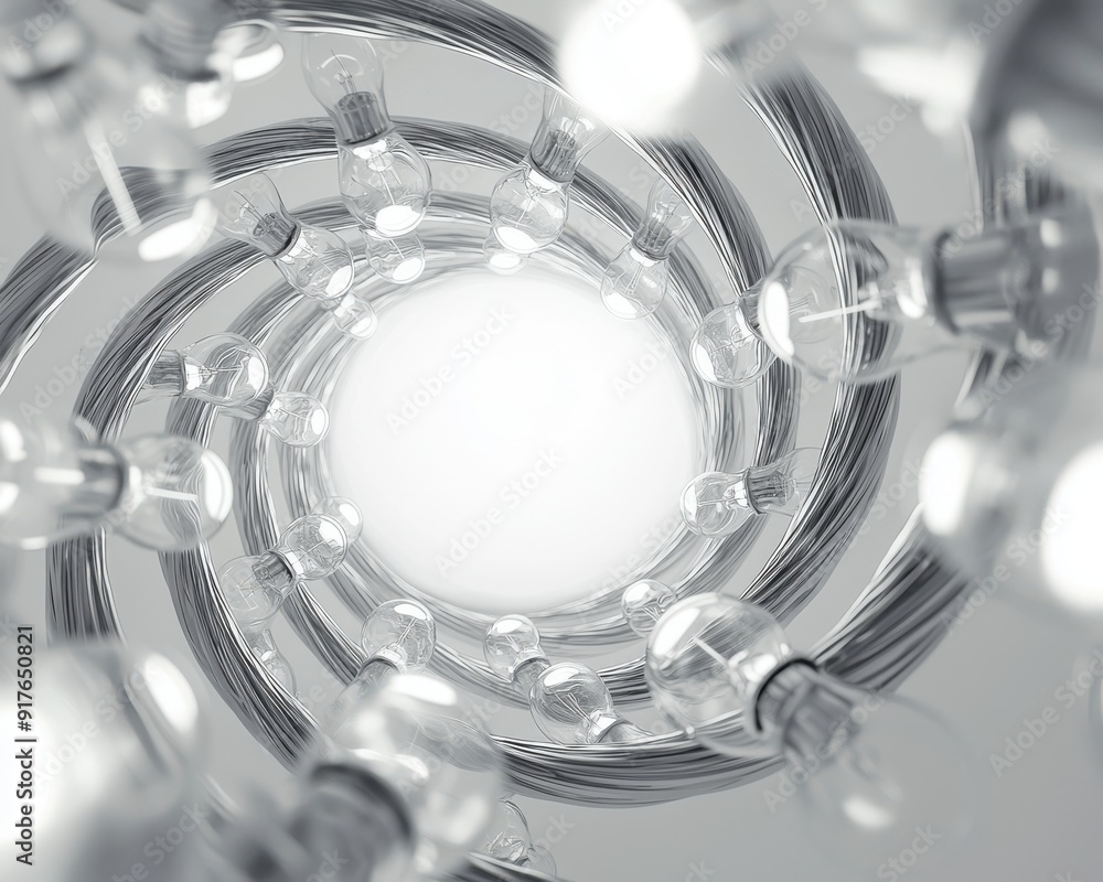 Poster a mesmerizing view of light bulbs reflecting in a spiral pattern, creating a modern and dynamic atmo
