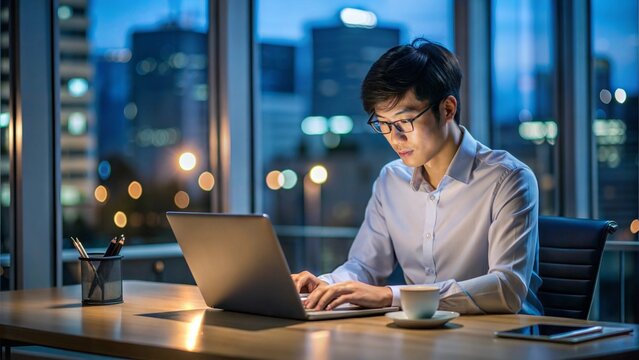 Smiling Asian young man working office alone night shift professional work life no balance