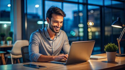 Smiling young man working office alone night shift professional work life no balance
