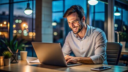 Smiling young man working office alone night shift professional work life no balance