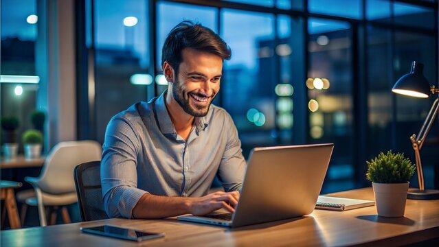 Smiling young man working office alone night shift professional work life no balance - Powered by Adobe