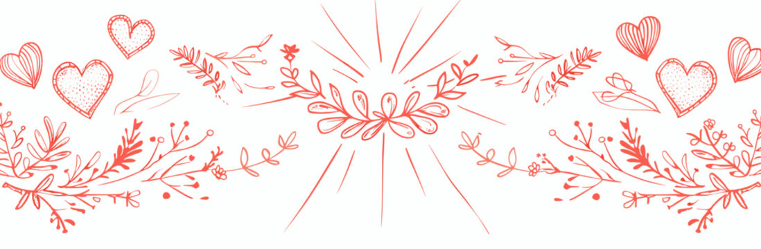 Hand-drawn coral red floral and heart design on a white background Perfect for wedding invitations greeting cards and scrapbooking