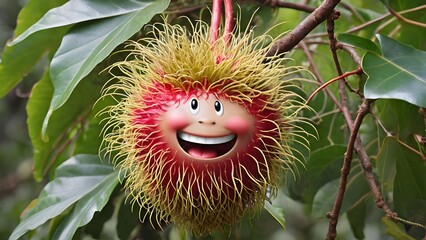 rambutan with a hat a rambutan character wearing a leaf as a hat with a cheeky grin.