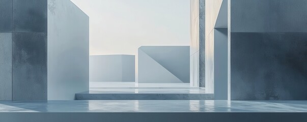 A serene abstract landscape with geometric shapes and smooth surfaces reflecting soft light.
