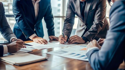 businessmen and women brain storm strategy ideas sharing hand paper document chart analysis  teamwork consult organize big data summary together conference