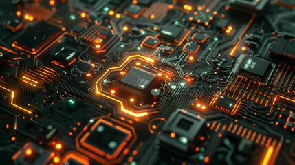 futuristic tech wallpaper featuring a detailed circuit board pattern with interconnected pathways, glowing chips, and intricate circuitry, technology background, computer motherboard 